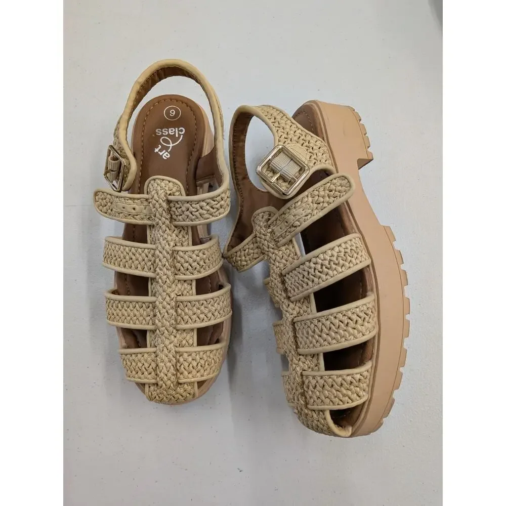 Art Class Girls Beige Woven Fisherman Sandals Platform Buckle Strap Size 6